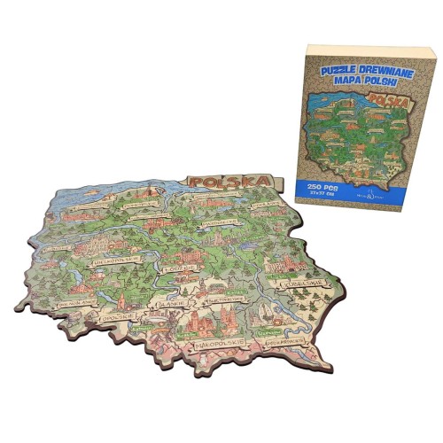 Drewniane puzzle mapa Polski od Mruu i Pruu składające się z 250 elementów, Puzzle Drewniane MAPA POLSKI 250 el. | Układanka Edukacyjna