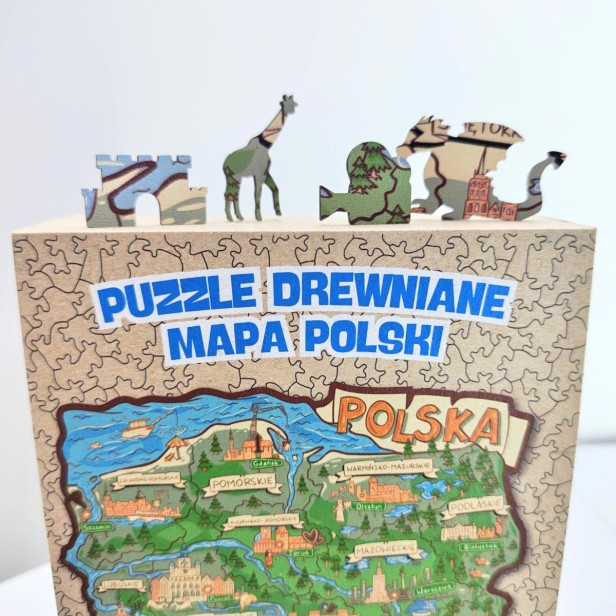 Oryginalne opakowanie na puzzle drewniane mapa Polski marki Mruu i Pruu idealne na prezent, Układanka Mapa Polski 3D | Puzzle Drewniane HDF 37x37 cm