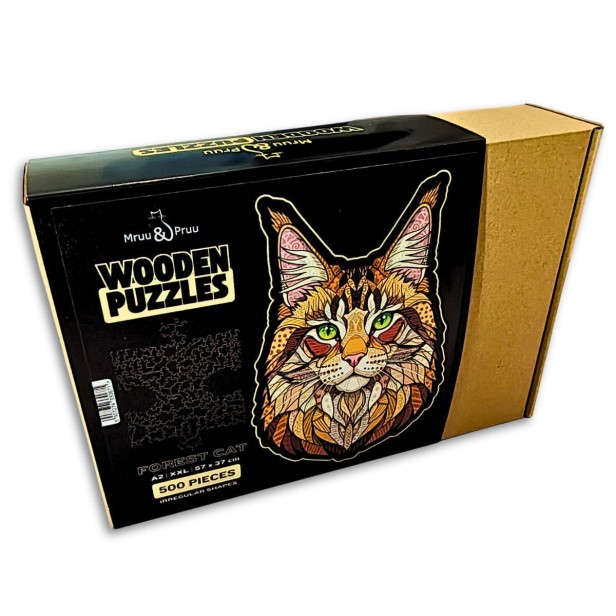 Eleganckie czarne pudełko na puzzle drewniane Leśny Kot 500 elementów.