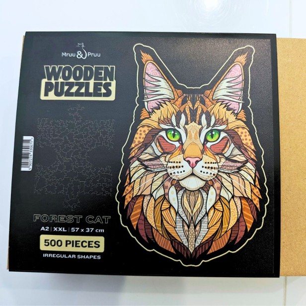 Eleganckie czarne pudełko na puzzle drewniane Leśny Kot 500 elementów.