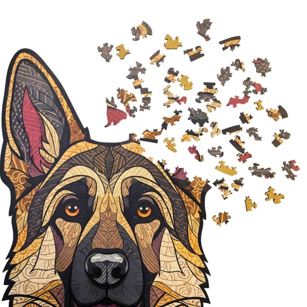 Puzzle drewniane Owczarek Niemiecki i rozsypane elementy o nieregularnych kształtach.