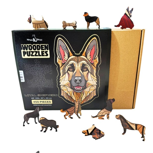 Pudełko na puzzle drewniane Owczarek Niemiecki otoczone przez unikalne figurki w kształcie psów.