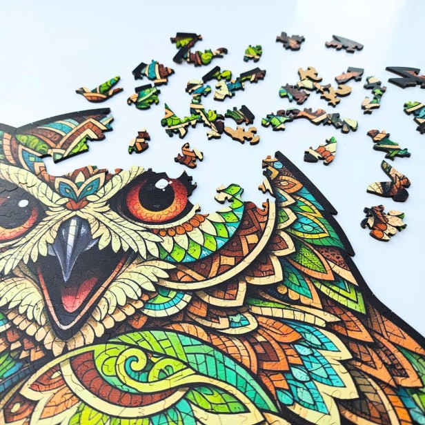 puzzle sowa, puzzle drewniane sowa, kolorowa sowa puzzle, grube puzzle z sową, puzzle drewniane z kształtami