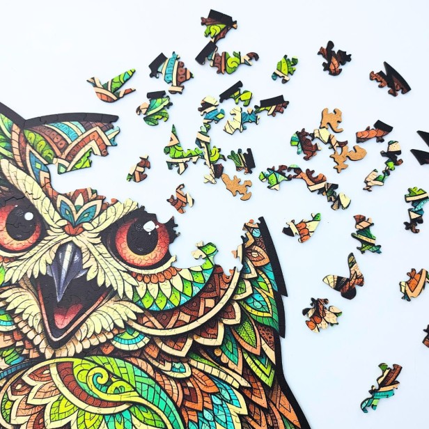 puzzle sowa, puzzle drewniane sowa, kolorowa sowa puzzle, grube puzzle z sową, puzzle drewniane z kształtami