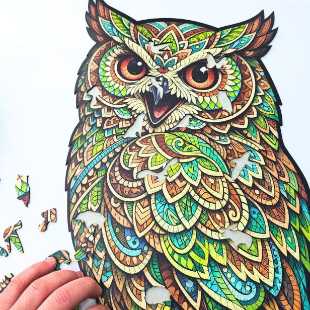 puzzle sowa, puzzle drewniane sowa, kolorowa sowa puzzle, grube puzzle z sową, puzzle drewniane z kształtami