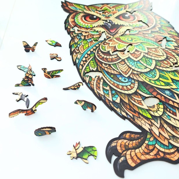 puzzle sowa, puzzle drewniane sowa, kolorowa sowa puzzle, grube puzzle z sową, puzzle drewniane z kształtami