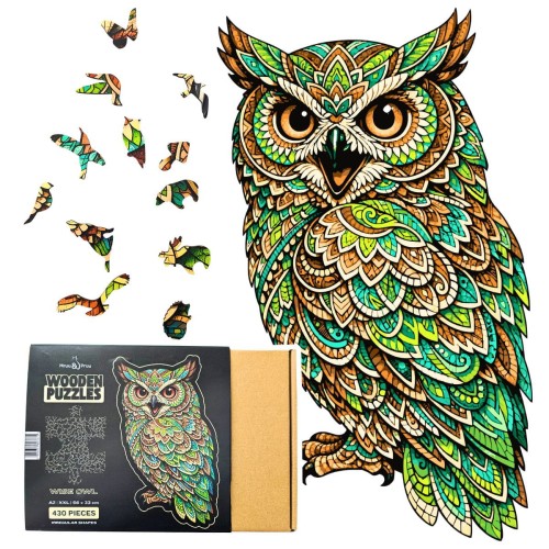 puzzle sowa, ładne opakowanie prezentowe puzzli drewnianych, puzzle drewniane sowa, zielona sowa