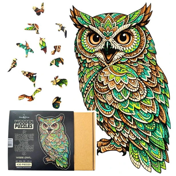 puzzle sowa, ładne opakowanie prezentowe puzzli drewnianych, puzzle drewniane sowa, zielona sowa
