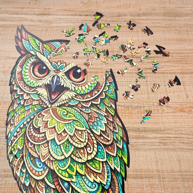 puzzle sowa, puzzle drewniane sowa, kolorowa sowa puzzle, grube puzzle z sową, puzzle drewniane z kształtami