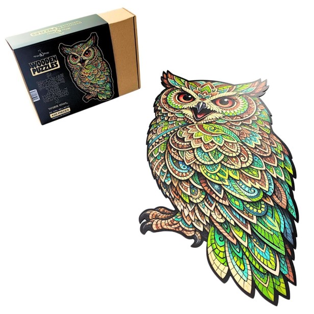 puzzle sowa, puzzle drewniane sowa, kolorowa sowa puzzle, grube puzzle z sową, puzzle drewniane z kształtami