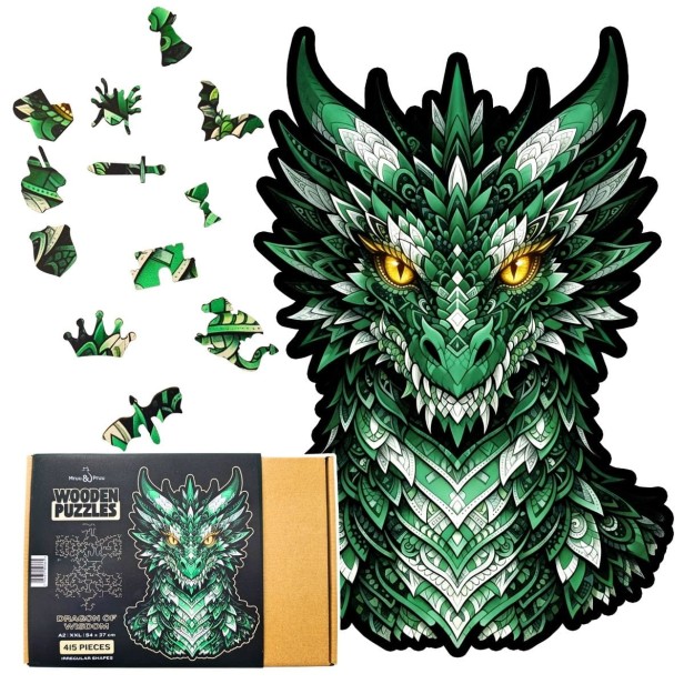 puzzle smok, puzzle drewniane smok, opakowanie prezentowe puzzle, eleganckie opakowanie puzzli,