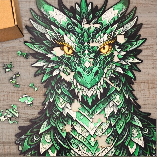 puzzle smok, puzzle drewniane smok, puzzle z smokiem, zielony smok, niesamowity smok, drewniany smok