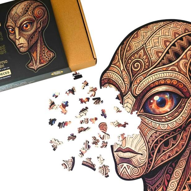 puzzle drewniane ufo, puzzle ufo, puzzle kosmita, puzzle nieregularne kształty ufo, rozsypane puzzle ufo