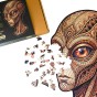 puzzle drewniane ufo, puzzle ufo, puzzle kosmita, puzzle nieregularne kształty ufo, rozsypane puzzle ufo