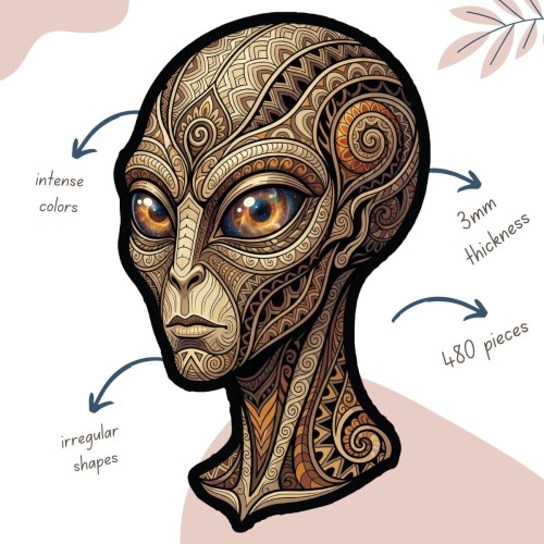 puzzle drewniane ufo, puzzle ufo, puzzle kosmita, puzzle nieregularne kształty ufo, wymiary puzzli drewnianych z ufo