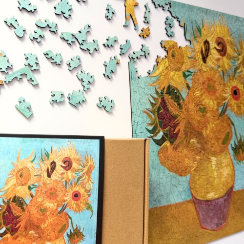 Nieregularne elementy puzzli artystycznych z motywem slonecznikow van gogha