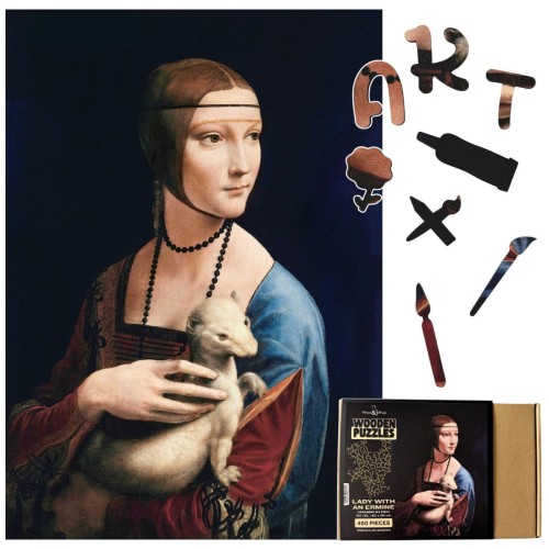 nieregularne puzzle dama z łasiczką, solidne puzzle kolekcja art, solidne puzzle obraz, puzzle dama z gronostajem