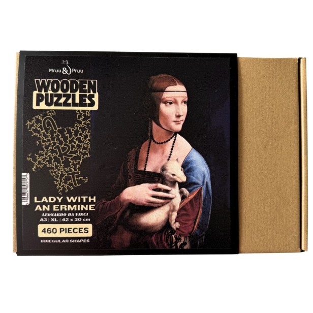 nieregularne puzzle dama z łasiczką, solidne puzzle kolekcja art, solidne puzzle obraz, puzzle dama z gronostajem