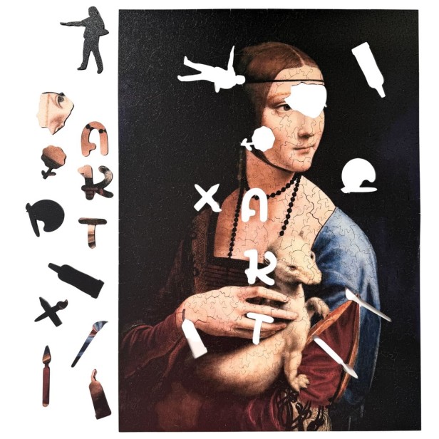 nieregularne puzzle dama z łasiczką, solidne puzzle kolekcja art, solidne puzzle obraz, puzzle dama z gronostajem