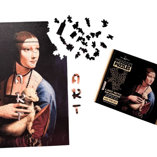 nieregularne puzzle dama z łasiczką, solidne puzzle kolekcja art, solidne puzzle obraz, puzzle dama z gronostajem
