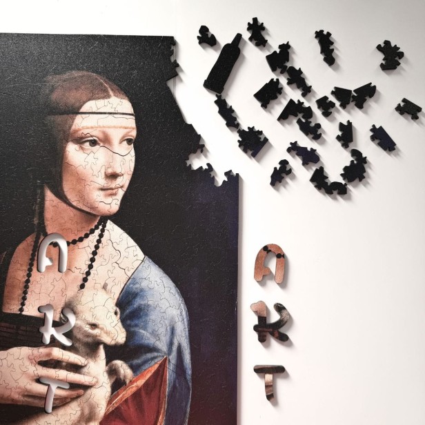 nieregularne puzzle dama z łasiczką, solidne puzzle kolekcja art, solidne puzzle obraz, puzzle dama z gronostajem