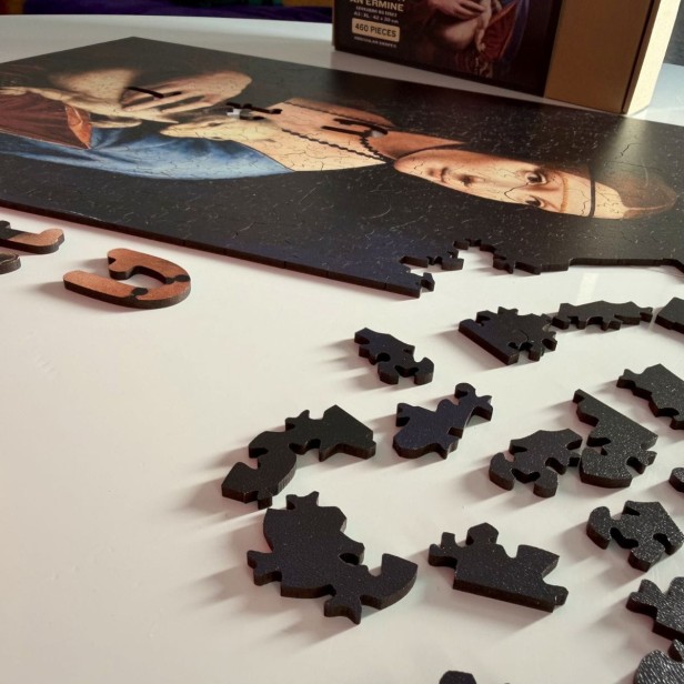 nieregularne puzzle dama z łasiczką, solidne puzzle kolekcja art, solidne puzzle obraz, puzzle dama z gronostajem