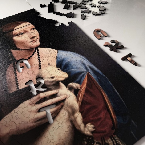 nieregularne puzzle dama z łasiczką, solidne puzzle kolekcja art, solidne puzzle obraz, puzzle dama z gronostajem