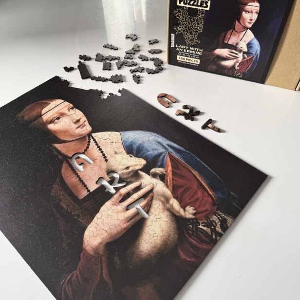 nieregularne puzzle dama z łasiczką, solidne puzzle kolekcja art, solidne puzzle obraz, puzzle dama z gronostajem