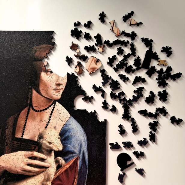 nieregularne puzzle dama z łasiczką, solidne puzzle kolekcja art, solidne puzzle obraz, puzzle dama z gronostajem