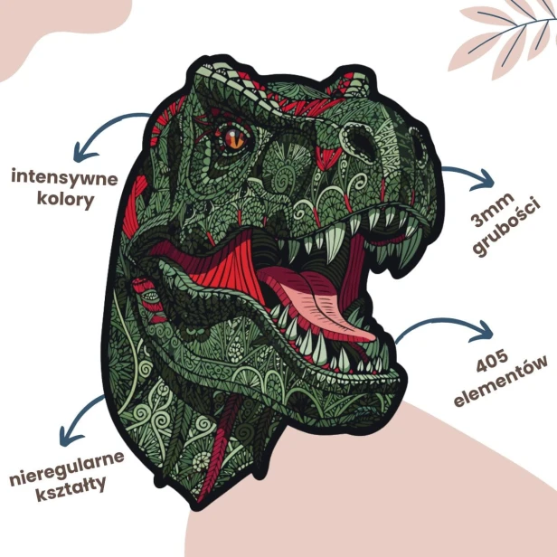 Ulozony obraz t-rex o wymiarach 50x38 cm z puzzli drewnianych na prezent