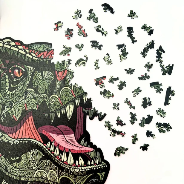 puzzle dinozaur, puzzle t-rex, puzzle tyranozaur, puzzle drewniane o nieregularnych kształtach