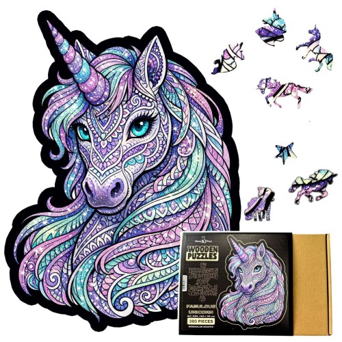 Kolorowe puzzle jednorożec z drewna, puzzle-jednorozec, puzzle jednorozec