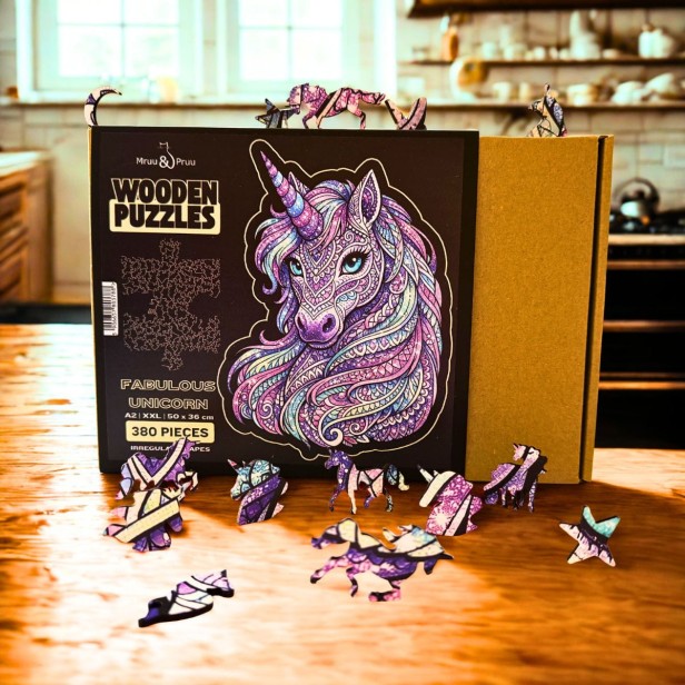 puzzle drewniane z kolorowym jednorożcem, puzzle jednorożec