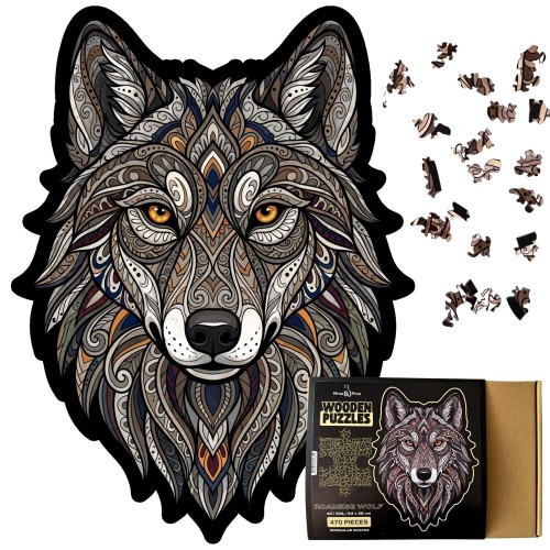 Ekskluzywne puzzle drewniane wilk premium w eleganckim opakowaniu prezentowym