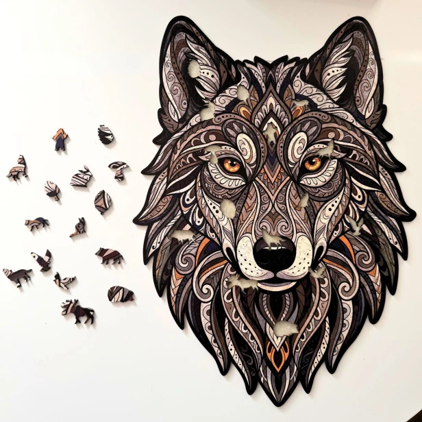 Kolorowe drewniane puzzle z motywem wędrującego wilka w imponującym formacie XXL, puzzle drewniane wilk, puzzle z wilkiem, puzzle drewniane prezent