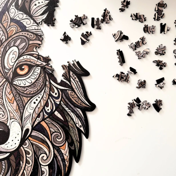 puzzle drewniane wilk, puzzle z opakowaniem prezentowym wilk
