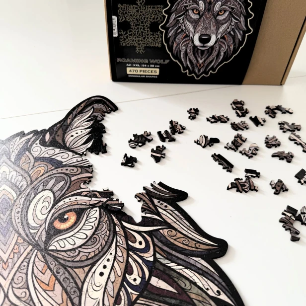 puzzle drewniane wilk, puzzle z wilkiem, puzzle drewniane prezent, puzzle dla dorosłych marka mruupruu, trudne puzzle drewniane