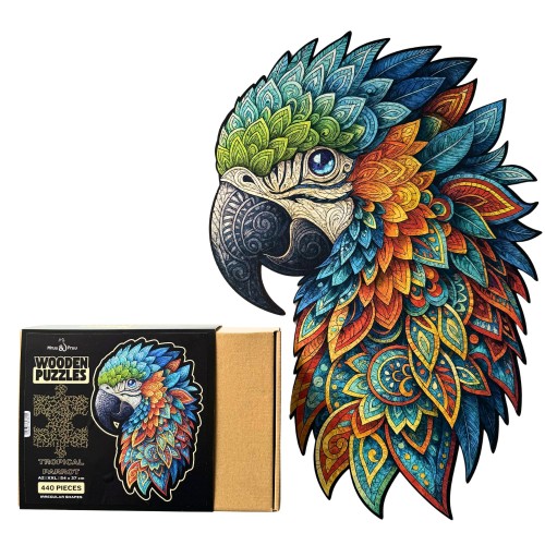 Drewniane puzzle prezentujące kolorową papugę arę w formacie XXL, puzzle papuga , puzzle ptak, puzzle drewniane ptak