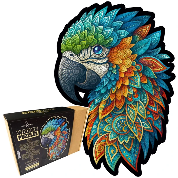 Układanka puzzle z papugami po ułożeniu, puzzle papuga , puzzle ptak, puzzle drewniane ptak