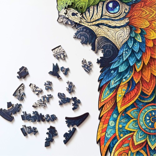 Układanka puzzle z papugami po ułożeniu, puzzle papuga , puzzle ptak, puzzle drewniane ptak