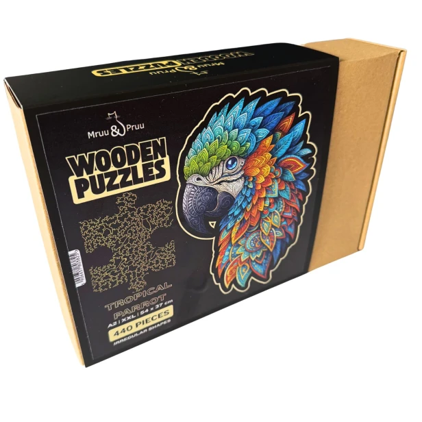 Układanka puzzle z papugami po ułożeniu, puzzle papuga , puzzle ptak, puzzle drewniane ptak