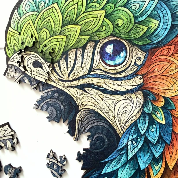 Układanka puzzle z papugami po ułożeniu, puzzle papuga , puzzle ptak, puzzle drewniane ptak