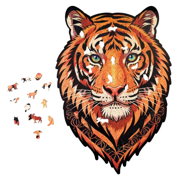puzzle drewniane tygrys, puzzle tygrys, puzzle z tygrysem, puzzle prezentowe, układanka na prezent , puzzle dla dorosłych marka mruupruu, trudne puzzle drewniane