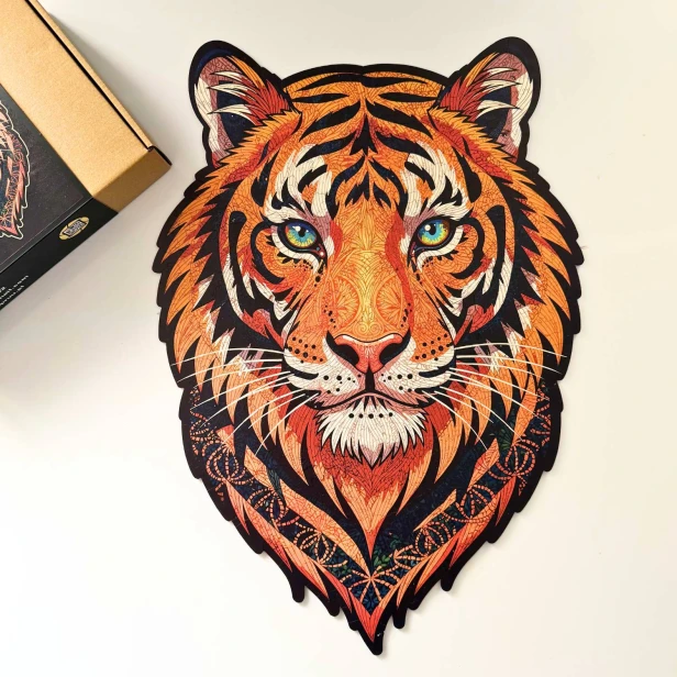 puzzle drewniane tygrys, puzzle tygrys, puzzle z tygrysem, puzzle prezentowe, układanka na prezent, puzzle dla dorosłych marka mruupruu, trudne puzzle drewniane