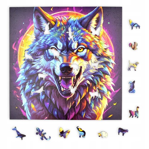 puzzle z drapieżnym wilkiem, drapieżny wilk, wilk, kolorowy wilk, wilk na kolorowym tle,  25x25cm , kwadratowe puzzle, nieregularne kształty, puzzle drewniane, 150 elementów, mruu&amp;pruu puzzle, mruupruu, mruupruu puzzle