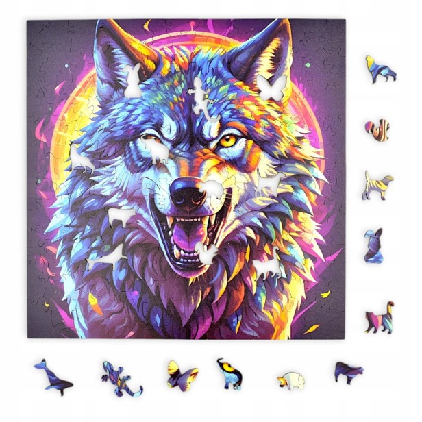 puzzle z drapieżnym wilkiem, drapieżny wilk, wilk, kolorowy wilk, wilk na kolorowym tle,  25x25cm , kwadratowe puzzle, nieregularne kształty, puzzle drewniane, 150 elementów, mruu&amp;pruu puzzle, mruupruu, mruupruu puzzle