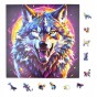 puzzle z drapieżnym wilkiem, drapieżny wilk, wilk, kolorowy wilk, wilk na kolorowym tle,  25x25cm , kwadratowe puzzle, nieregularne kształty, puzzle drewniane, 150 elementów, mruu&amp;pruu puzzle, mruupruu, mruupruu puzzle