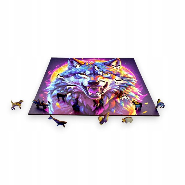 puzzle z drapieżnym wilkiem, drapieżny wilk, wilk, kolorowy wilk, wilk na kolorowym tle,  25x25cm , kwadratowe puzzle, nieregularne kształty, puzzle drewniane, 150 elementów, mruu&amp;pruu puzzle, mruupruu, mruupruu puzzle