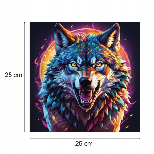 puzzle z drapieżnym wilkiem, drapieżny wilk, wilk, kolorowy wilk, wilk na kolorowym tle,  25x25cm , kwadratowe puzzle, nieregularne kształty, puzzle drewniane, 150 elementów, mruu&amp;pruu puzzle, mruupruu, mruupruu puzzle