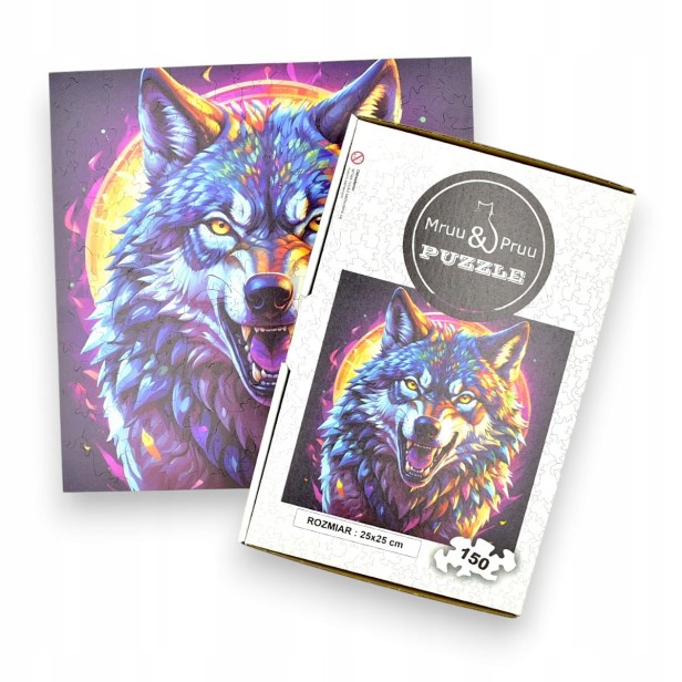puzzle z drapieżnym wilkiem, drapieżny wilk, wilk, kolorowy wilk, wilk na kolorowym tle,  25x25cm , kwadratowe puzzle, nieregularne kształty, puzzle drewniane, 150 elementów, mruu&amp;pruu puzzle, mruupruu, mruupruu puzzle